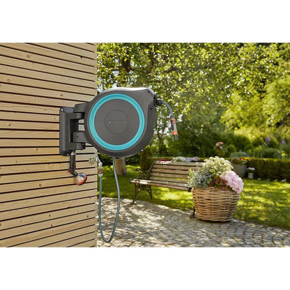 Wall-Mounted Hose Box RollUp XL 35m by Gardena, gray housing with turquoise ring on Tampa Home & Garden Store