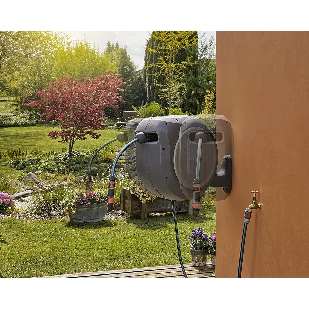 Gardena wall-mounted RollUp 75 ft retractable hose reel in gray plastic on Tampa Home & Garden Store
