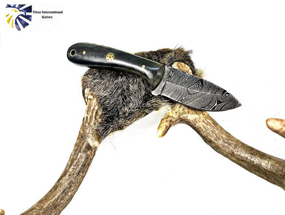 Damascus EDC Sparrow TD-603 knife with black handle and Damascus blade, shown on antler backdrop on Tampa Home & Garden Store