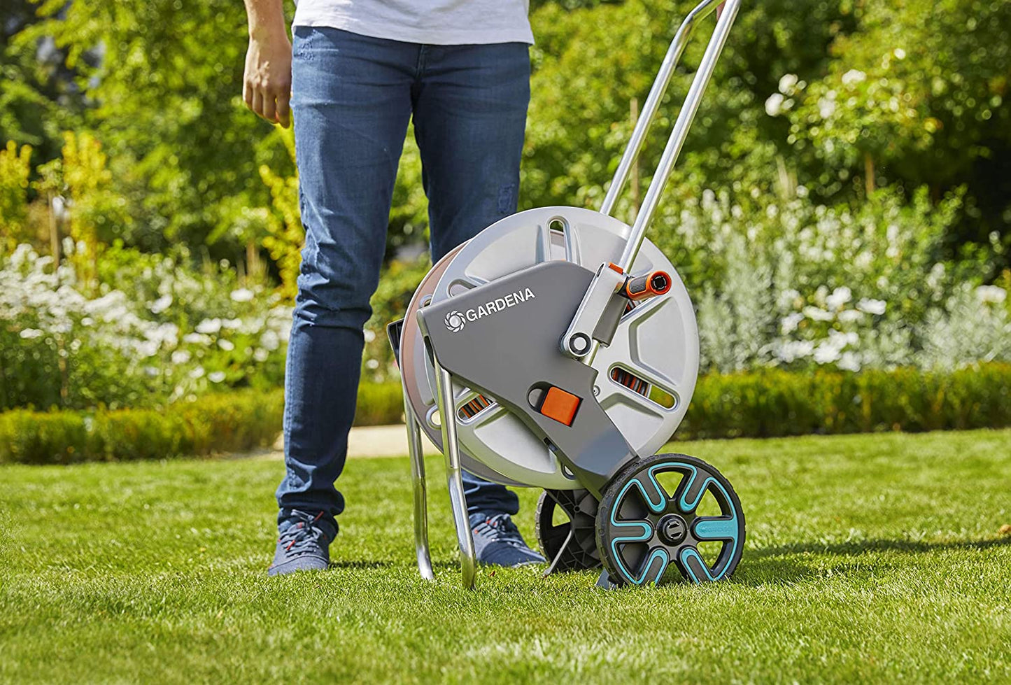 Gardena metal hose cart with easy hose guide and 82 ft 1/2in hose on Tampa Home & Garden Store