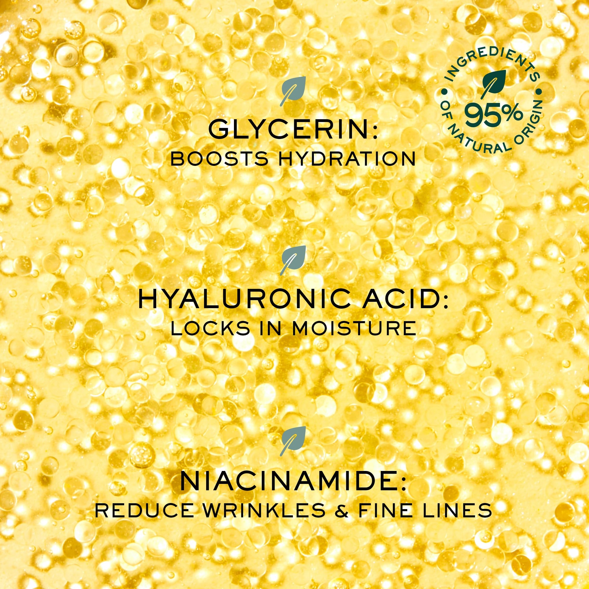 Face serum glycerin bubbles on yellow backdrop; hydration with niacinamide & hyaluronic acid on Tampa Home & Garden Store