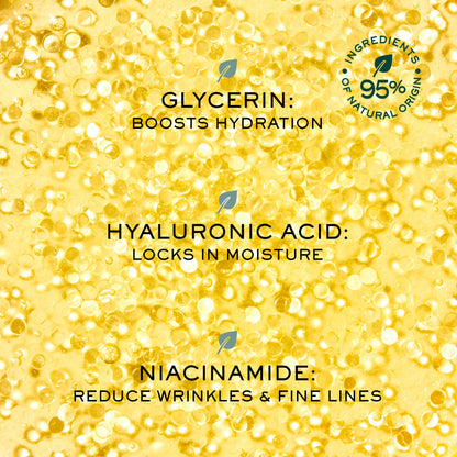 Face serum glycerin bubbles on yellow backdrop; hydration with niacinamide & hyaluronic acid on Tampa Home & Garden Store