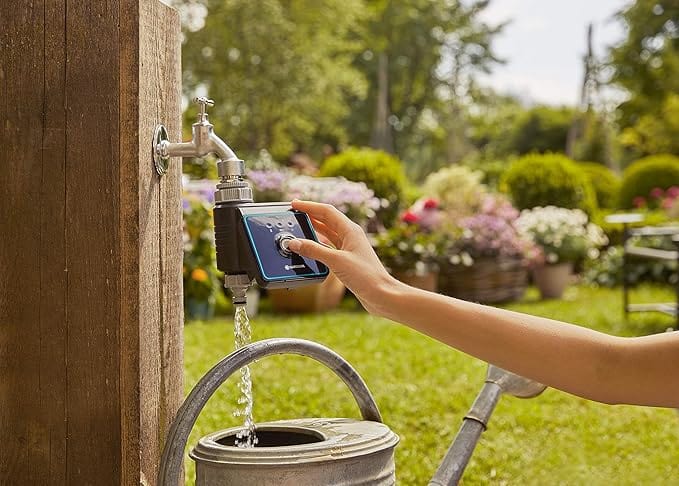 Water Control Bluetooth watering valve by Gardena with smartphone control at outdoor faucet on Tampa Home & Garden Store