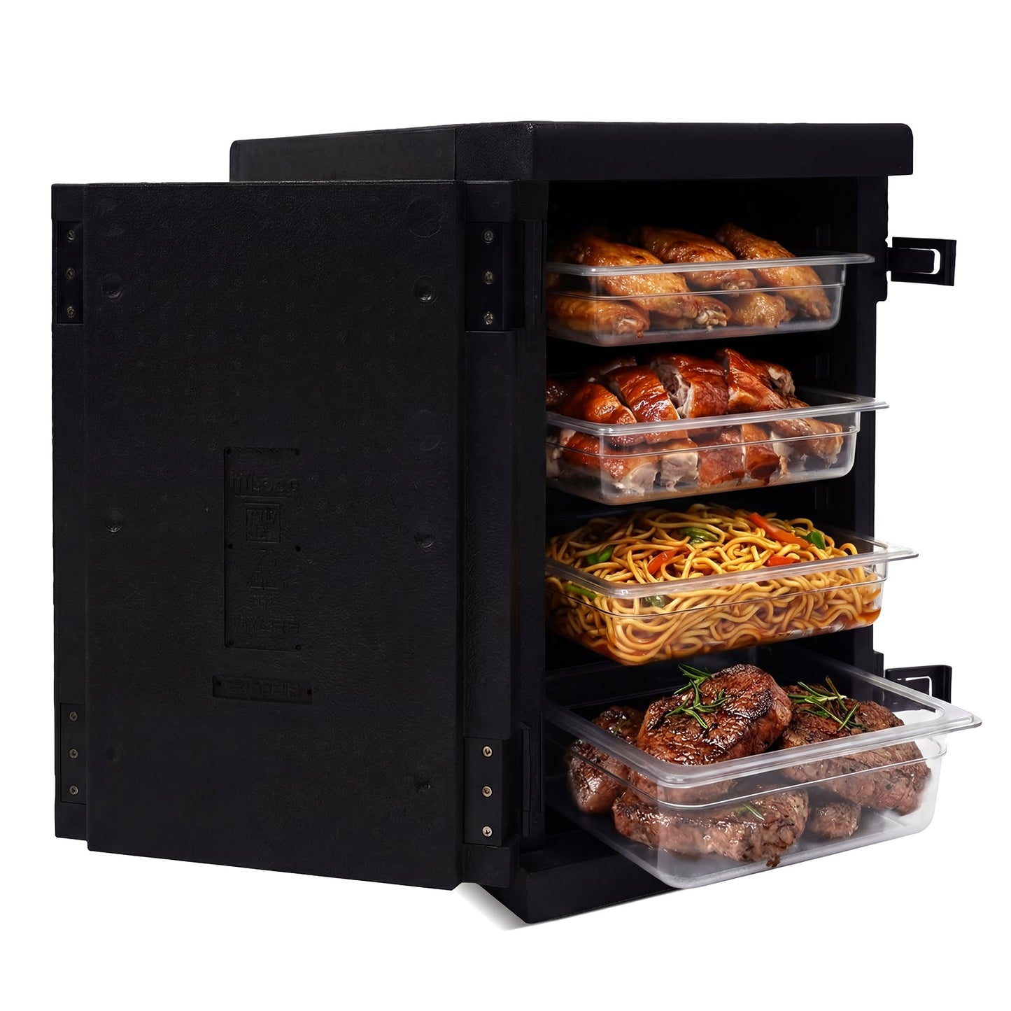GemGear 91 Qt Insulated Food Pan Carrier black with safety buckles front shows clear trays on Tampa Home & Garden Store