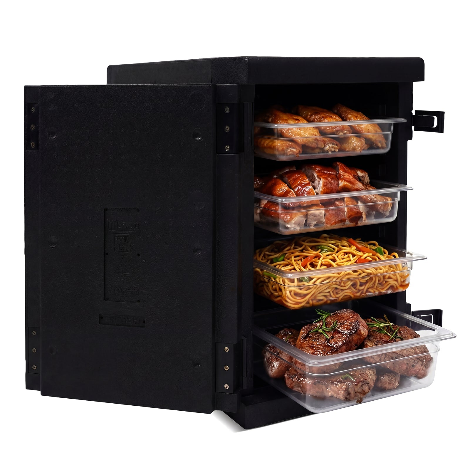 GemGear 91 Qt Insulated Food Pan Carrier black with safety buckles front shows clear trays on Tampa Home & Garden Store