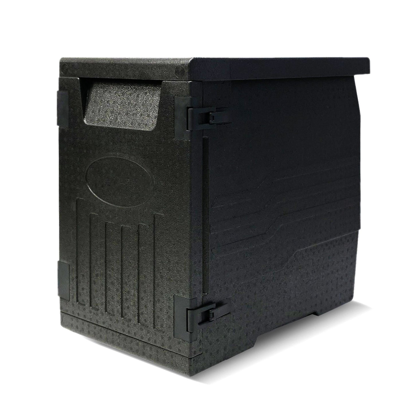 GemGear 91 Qt insulated food pan carrier with safety buckles, black plastic, side latches on Tampa Home & Garden Store