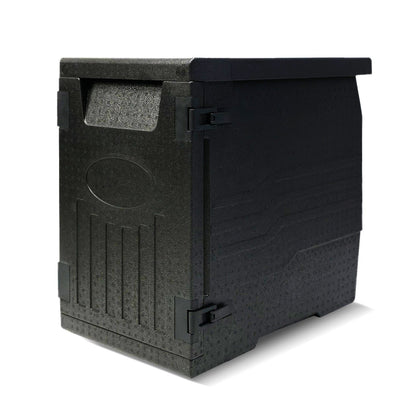 GemGear 91 Qt insulated food pan carrier with safety buckles, black plastic, side latches on Tampa Home & Garden Store