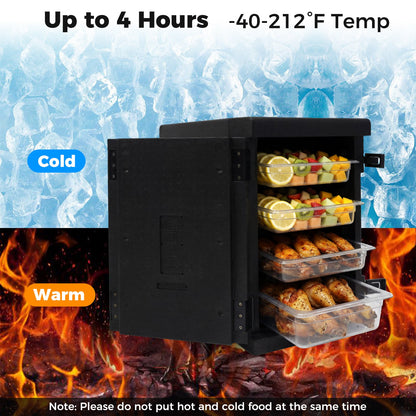 91 Qt insulated food pan carrier by GemGear with safety buckles, black; clear fruit trays on Tampa Home & Garden Store