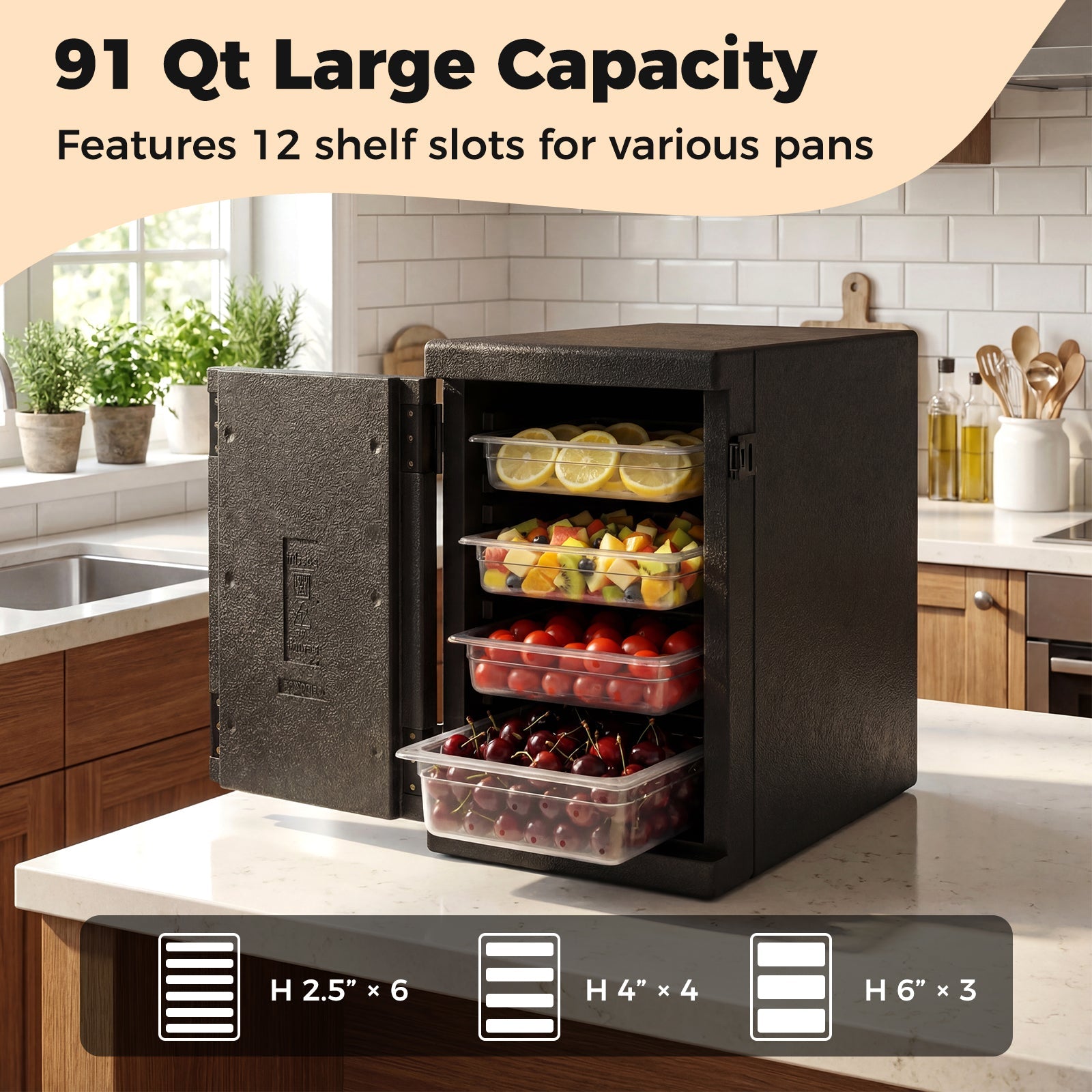 GemGear 91 Qt Insulated Food Pan Carrier; black textured exterior, safety buckles, 12-shelf on Tampa Home & Garden Store