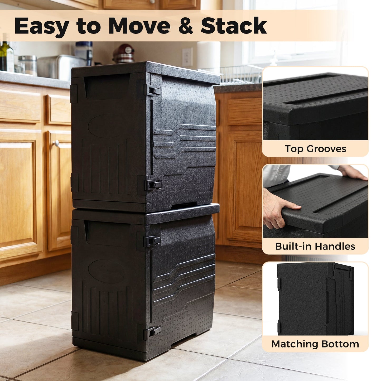 GemGear 91 Qt insulated food pan carrier with safety buckles, black plastic, stack of 3 on Tampa Home & Garden Store