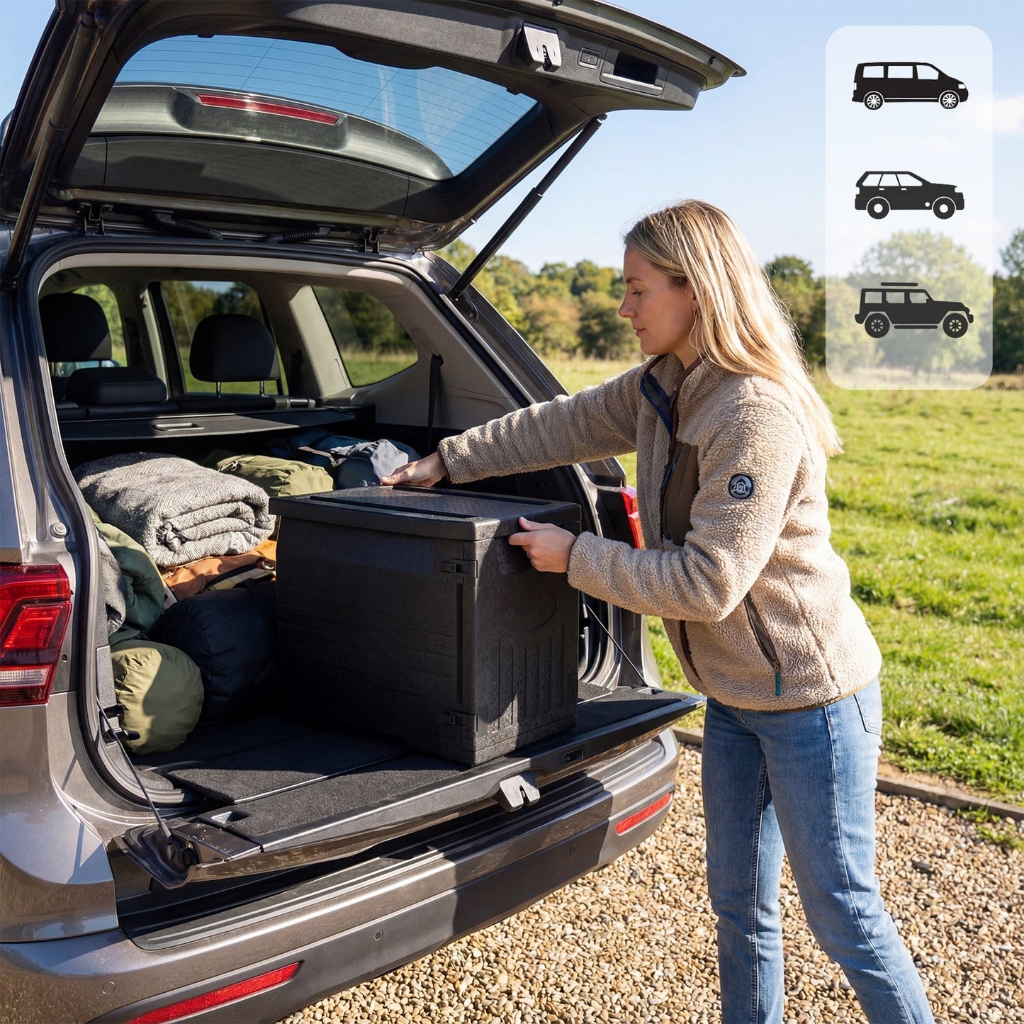91 Qt insulated food pan carrier GemGear, black plastic with safety buckles, loaded in SUV on Tampa Home & Garden Store
