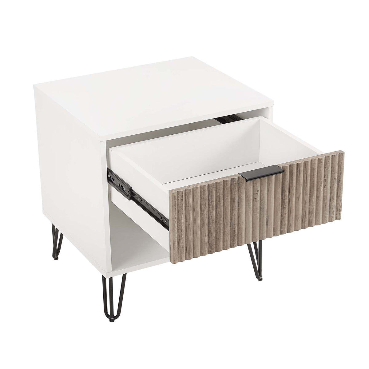 Fluted Nightstand with Drawer by HouseOfZazla, white body with gray wood-front panel on Tampa Home & Garden Store
