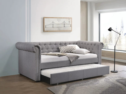 Justice twin daybed with trundle in smoke gray, tufted fabric with nailhead trim on Tampa Home & Garden Store