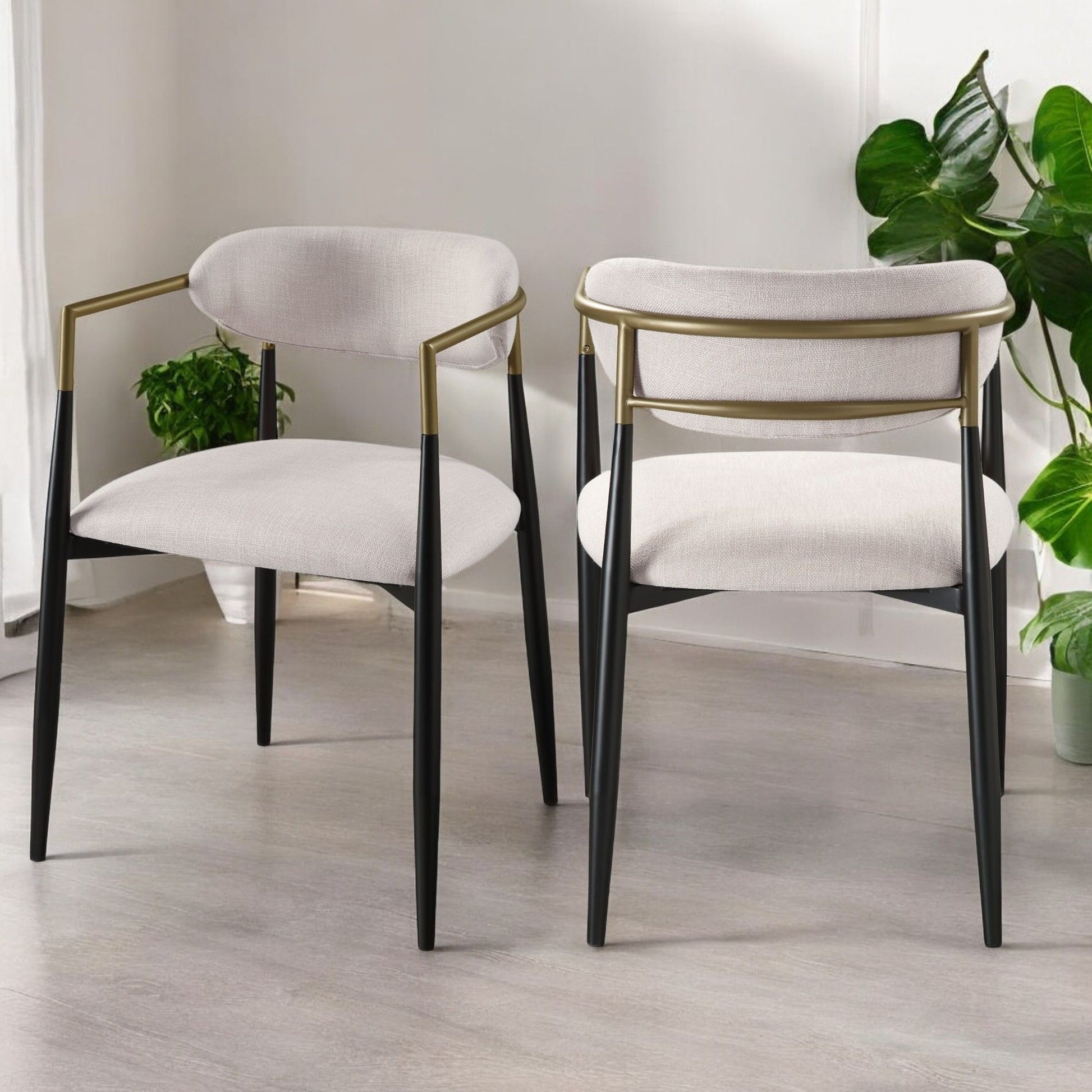 Jaramillo Contemporary Side Chairs set of 2 with beige upholstery and gold frame, black legs on Tampa Home & Garden Store