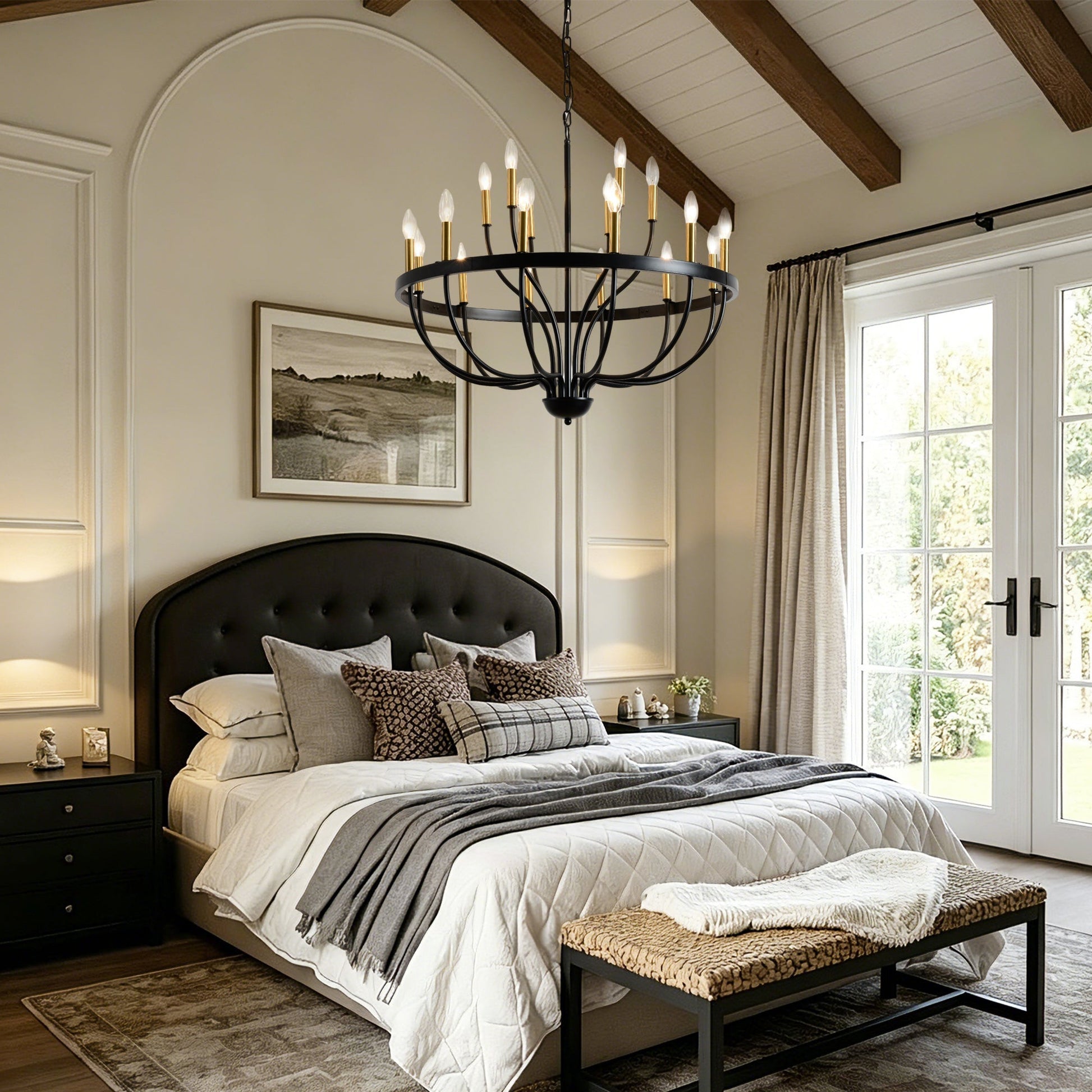 18-Light Industrial Iron Candle Chandelier in black iron with brass candle holders above a bed on Tampa Home & Garden Store