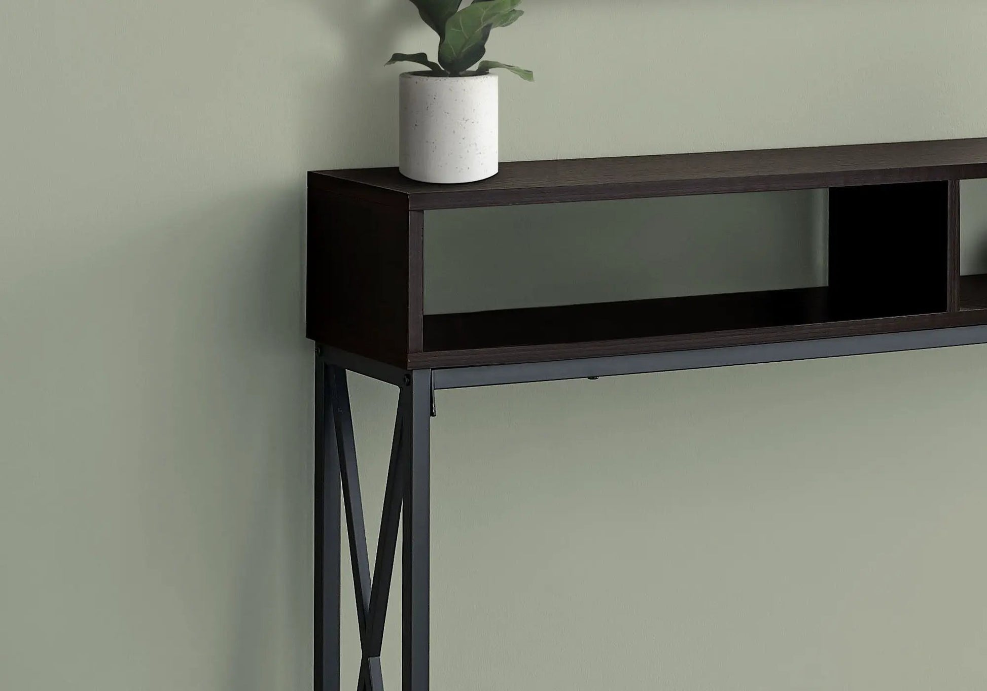 Accent Console Table for Entryway in dark wood with black metal frame plant pot on top on Tampa Home & Garden Store