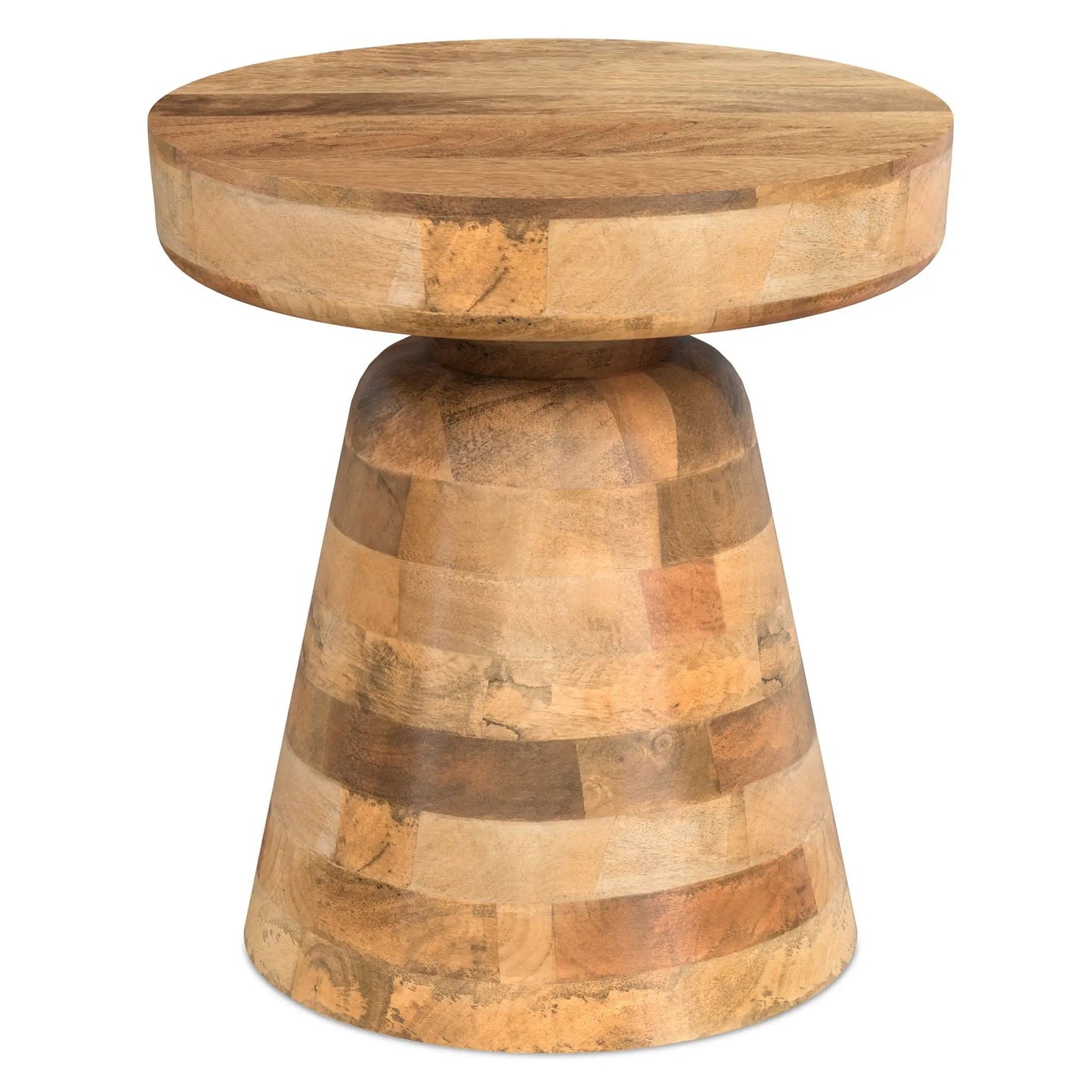 Robbie - Handcrafted Accent Table, round patchwork wood top with a sturdy pedestal base on Tampa Home & Garden Store