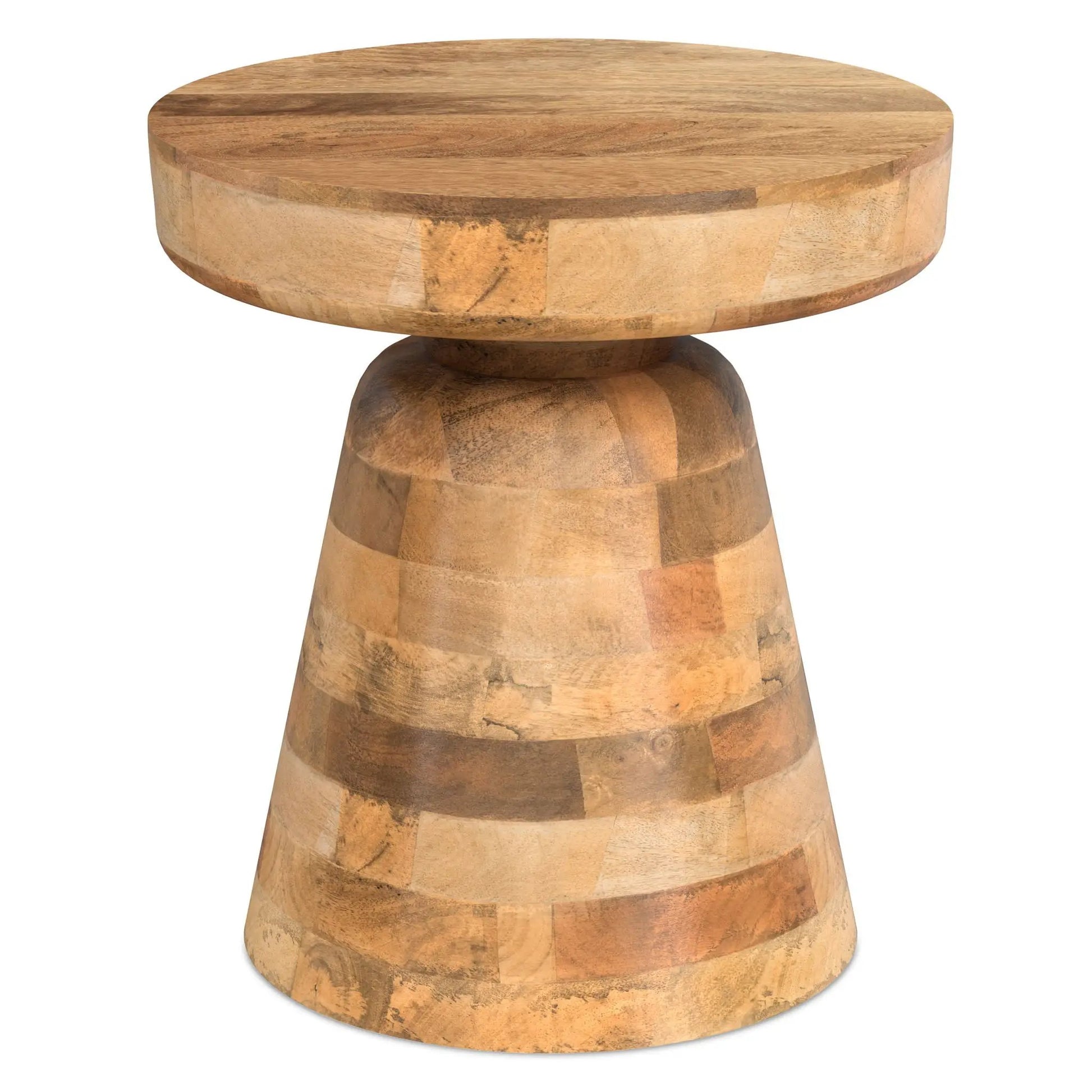 Robbie - Handcrafted Accent Table, round patchwork wood top with a sturdy pedestal base on Tampa Home & Garden Store