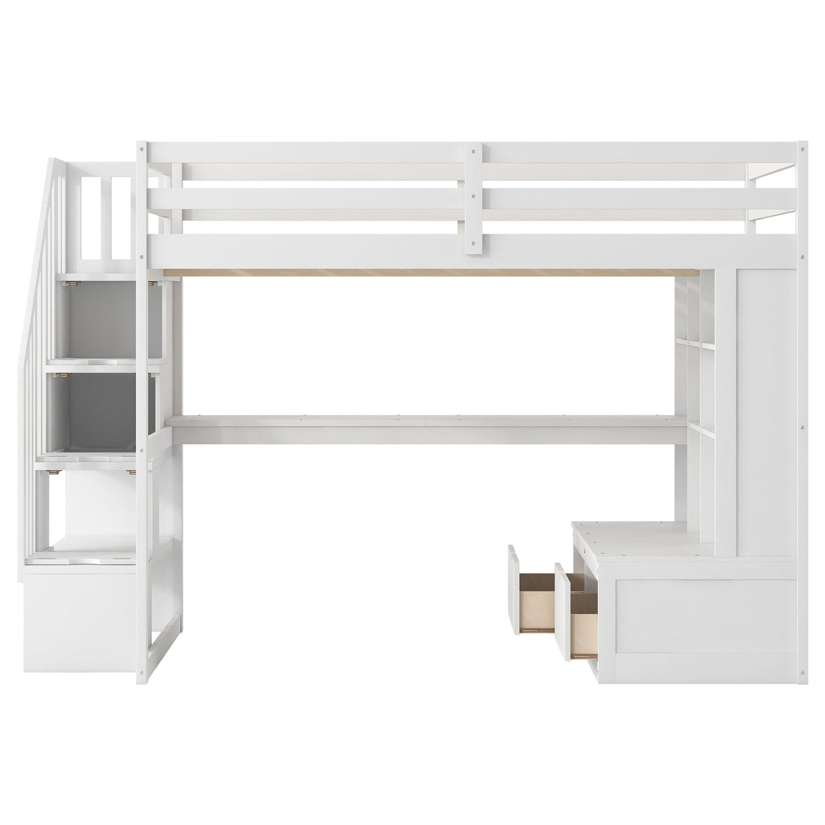 Full-size loft bed in white with desk, shelves, storage staircase and 2 drawers, HouseOfZazla on Tampa Home & Garden Store