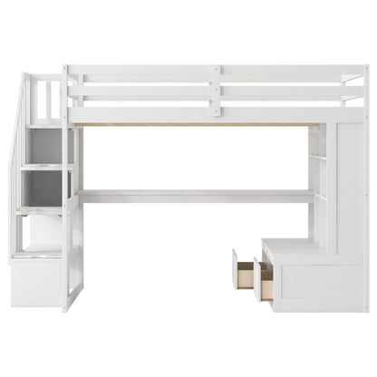 Full-size loft bed in white with desk, shelves, storage staircase and 2 drawers, HouseOfZazla on Tampa Home & Garden Store