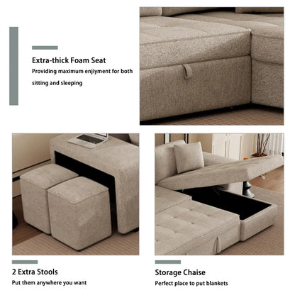 L-shaped sleeper sectional by Unique Piece Furniture with storage chaise and 2 stools on Tampa Home & Garden Store