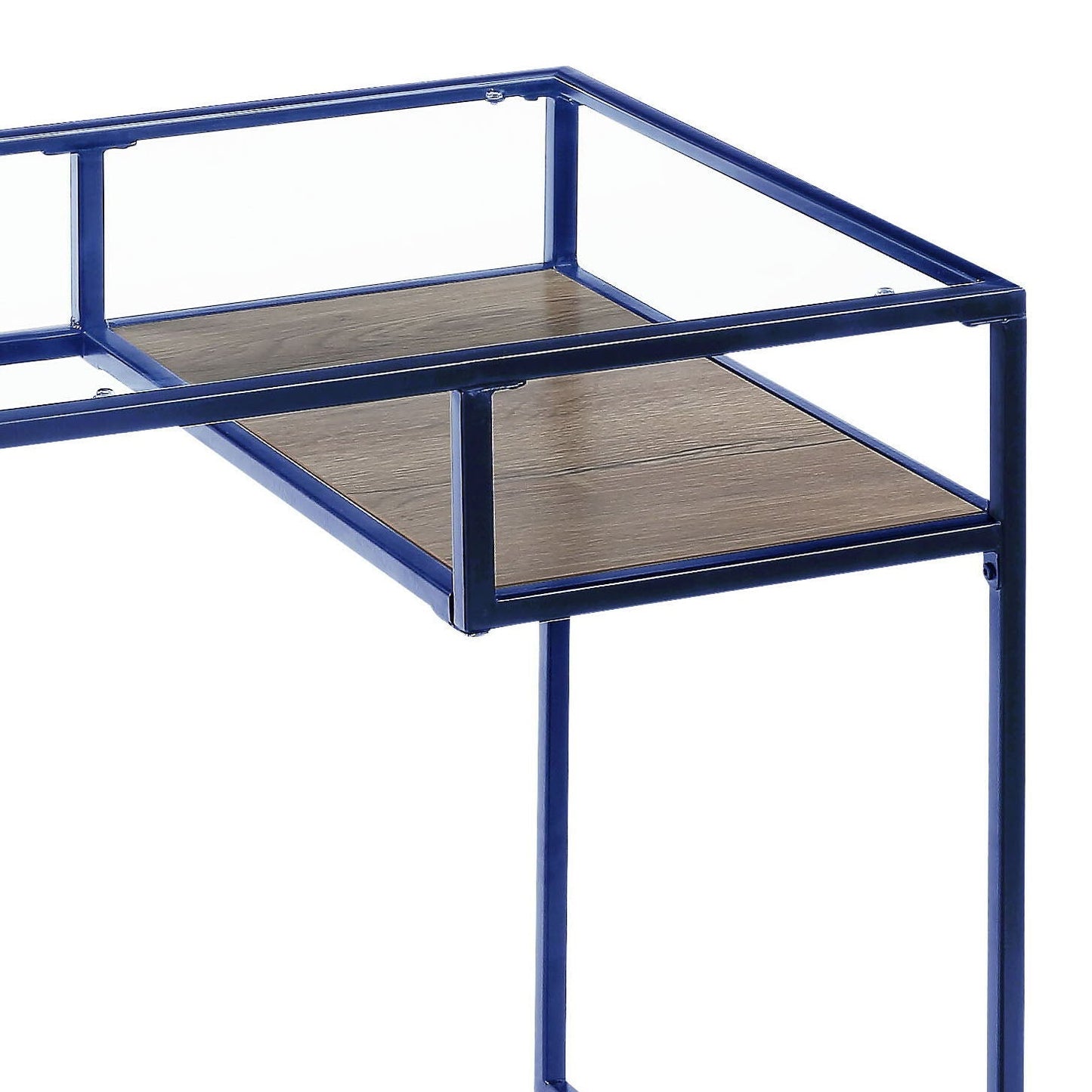 Yasin Glass Top Writing Desk, blue metal frame with brown wood lower shelf, HouseOfZazla on Tampa Home & Garden Store
