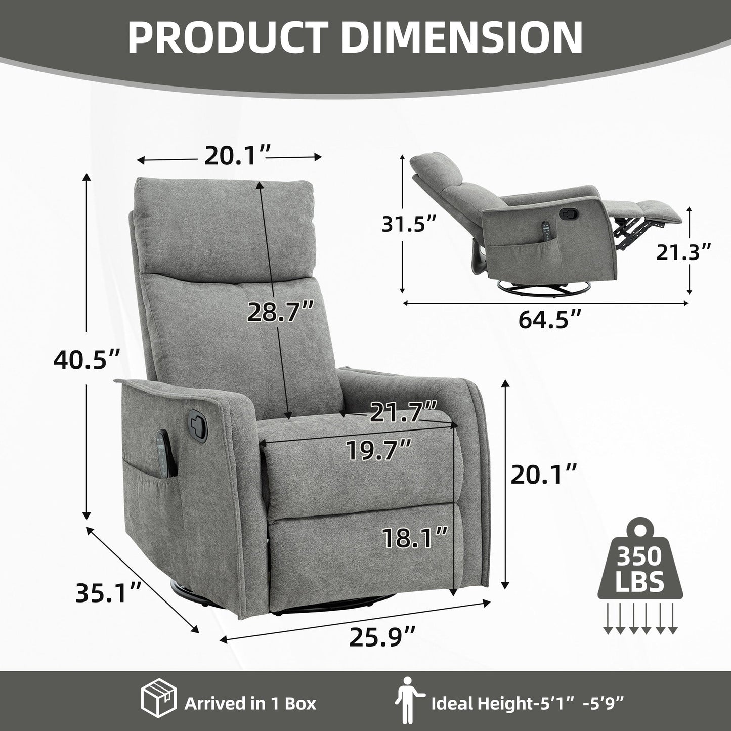 HouseOfZazla gray heat massage manual recliner chair with rocker and swivel 64.5in wide on Tampa Home & Garden Store