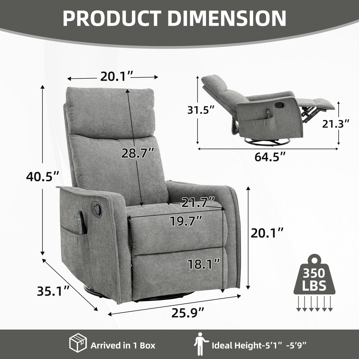 HouseOfZazla gray heat massage manual recliner chair with rocker and swivel 64.5in wide on Tampa Home & Garden Store