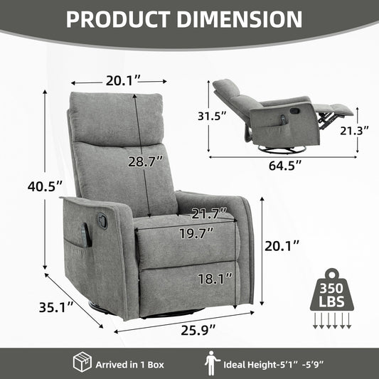 HouseOfZazla gray heat massage manual recliner chair with rocker and swivel 64.5in wide on Tampa Home & Garden Store