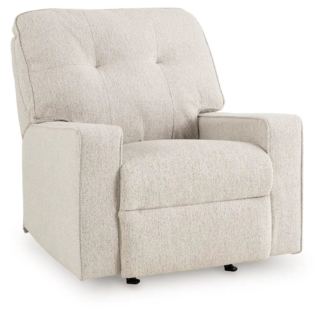 Larimer Rocker Recliner in beige textured fabric with plush back and arms on Tampa Home & Garden Store