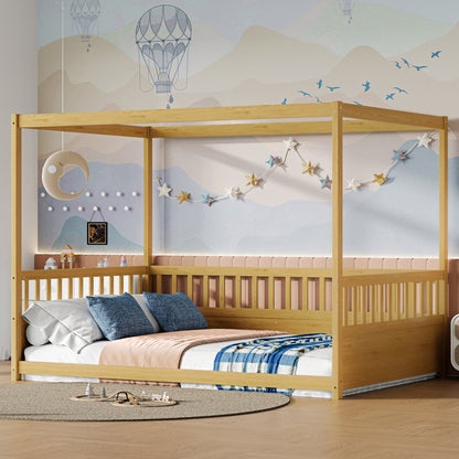 HouseOfZazla full-size canopy bed frame with guardrails in natural pine on Tampa Home & Garden Store