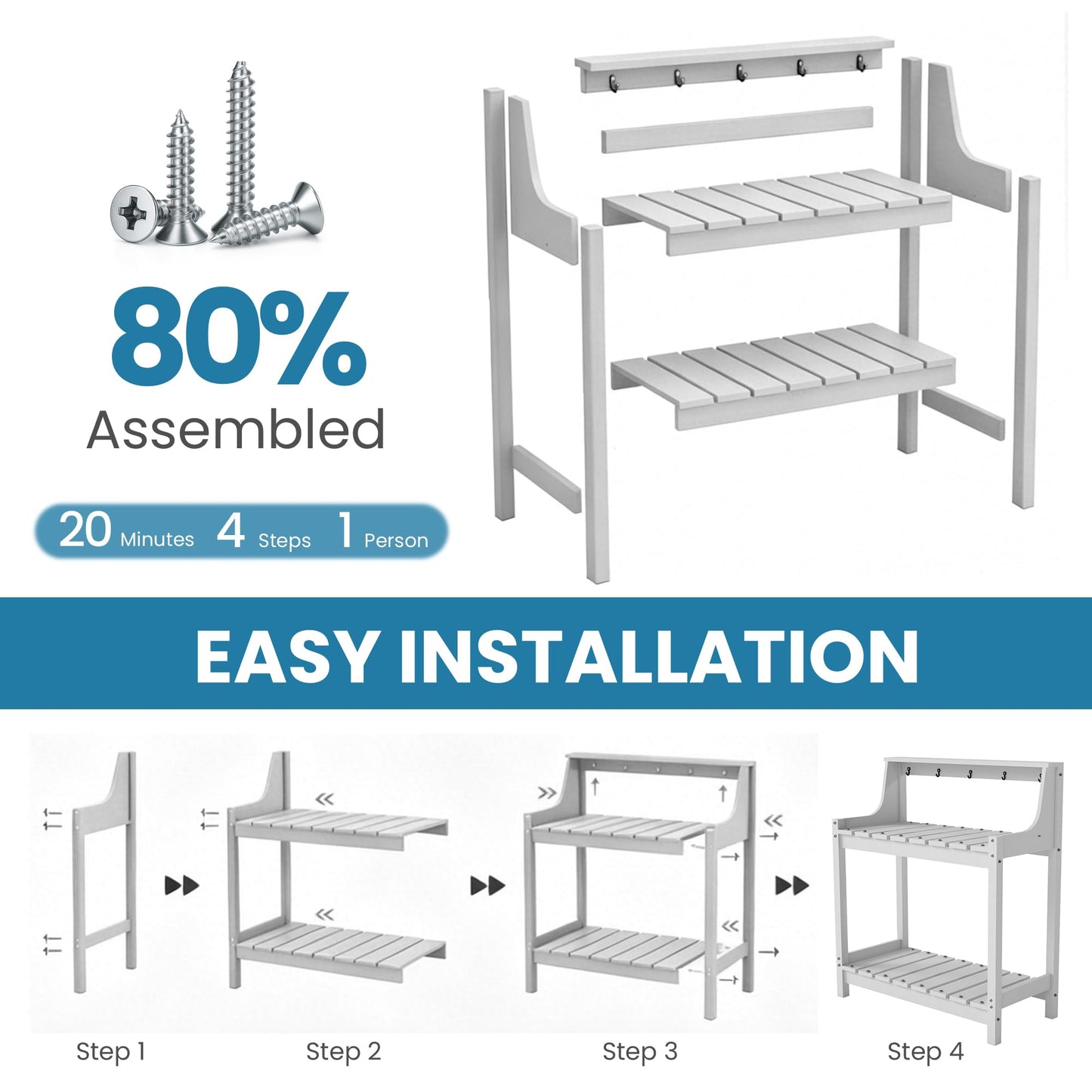 Potting bench outside with storage, white HDPE garden table by HouseOfZazla with hooks on Tampa Home & Garden Store