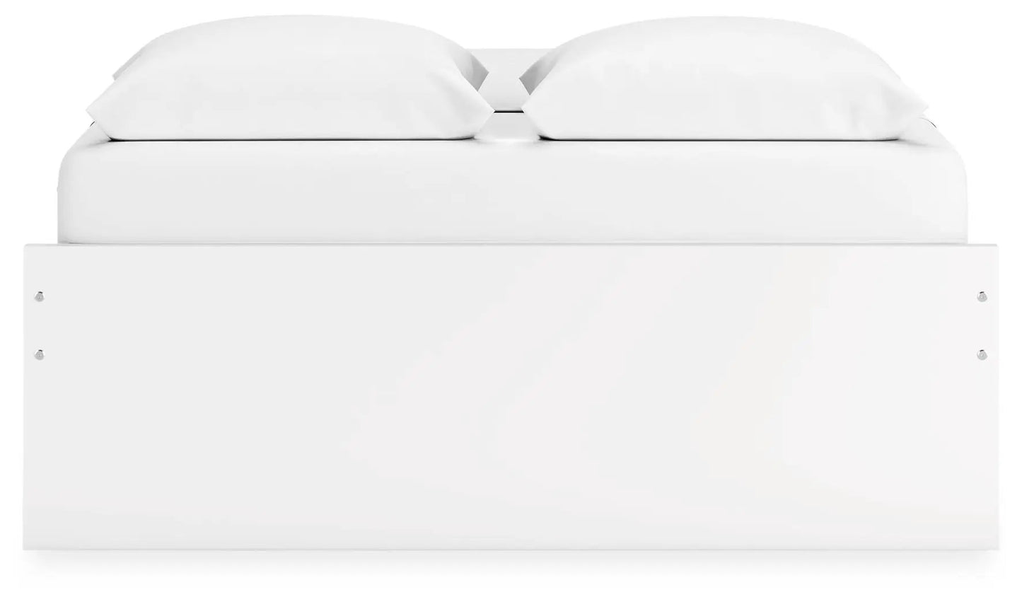 Onita platform bed white storage base with panel front and visible screws on Tampa Home & Garden Store