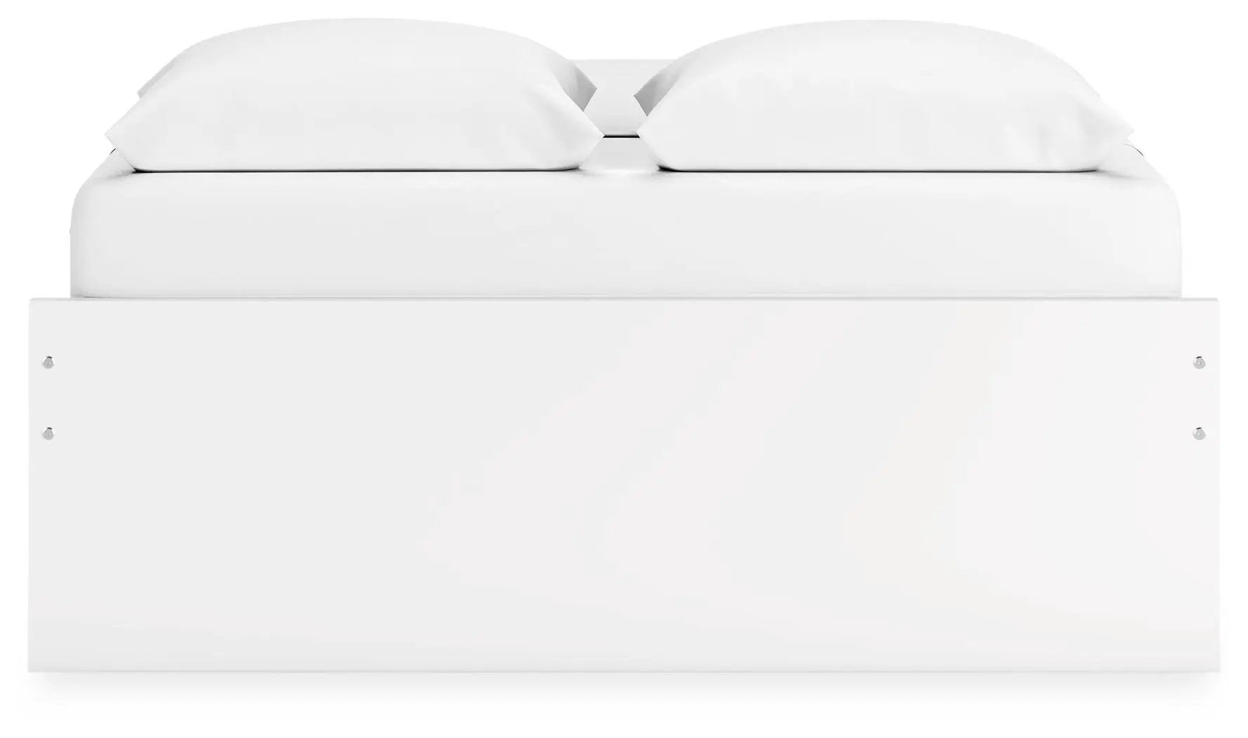 Onita platform bed white storage base with panel front and visible screws on Tampa Home & Garden Store
