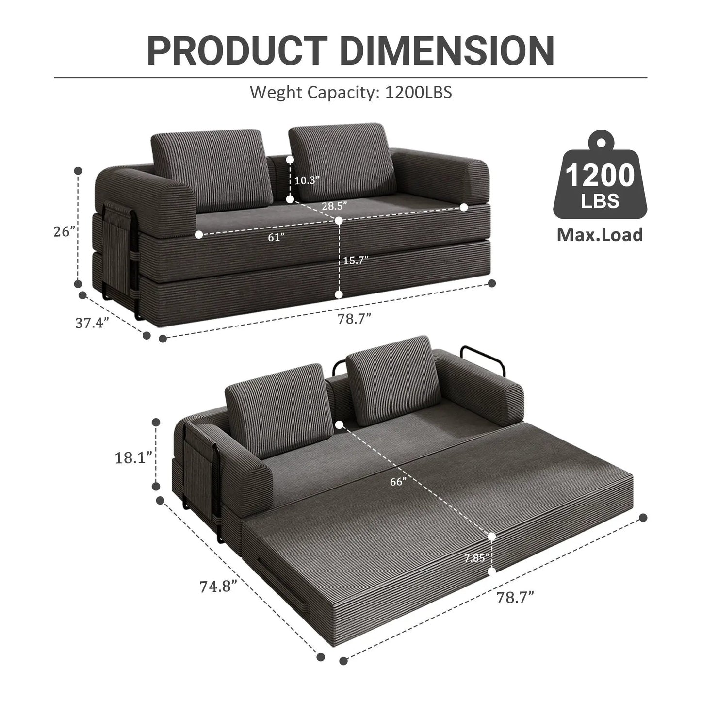 Convertible Sleeper Sofa Bed with cylindrical pillow in gray striped fabric, fixed-frame futon on Tampa Home & Garden Store