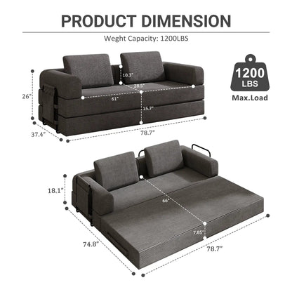 Convertible Sleeper Sofa Bed with cylindrical pillow in gray striped fabric, fixed-frame futon on Tampa Home & Garden Store
