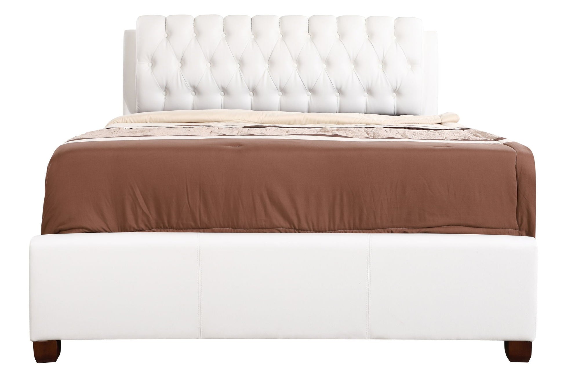 Tufted Upholstered Bed with white diamond tufted headboard, brown bedding, dark wood legs on Tampa Home & Garden Store