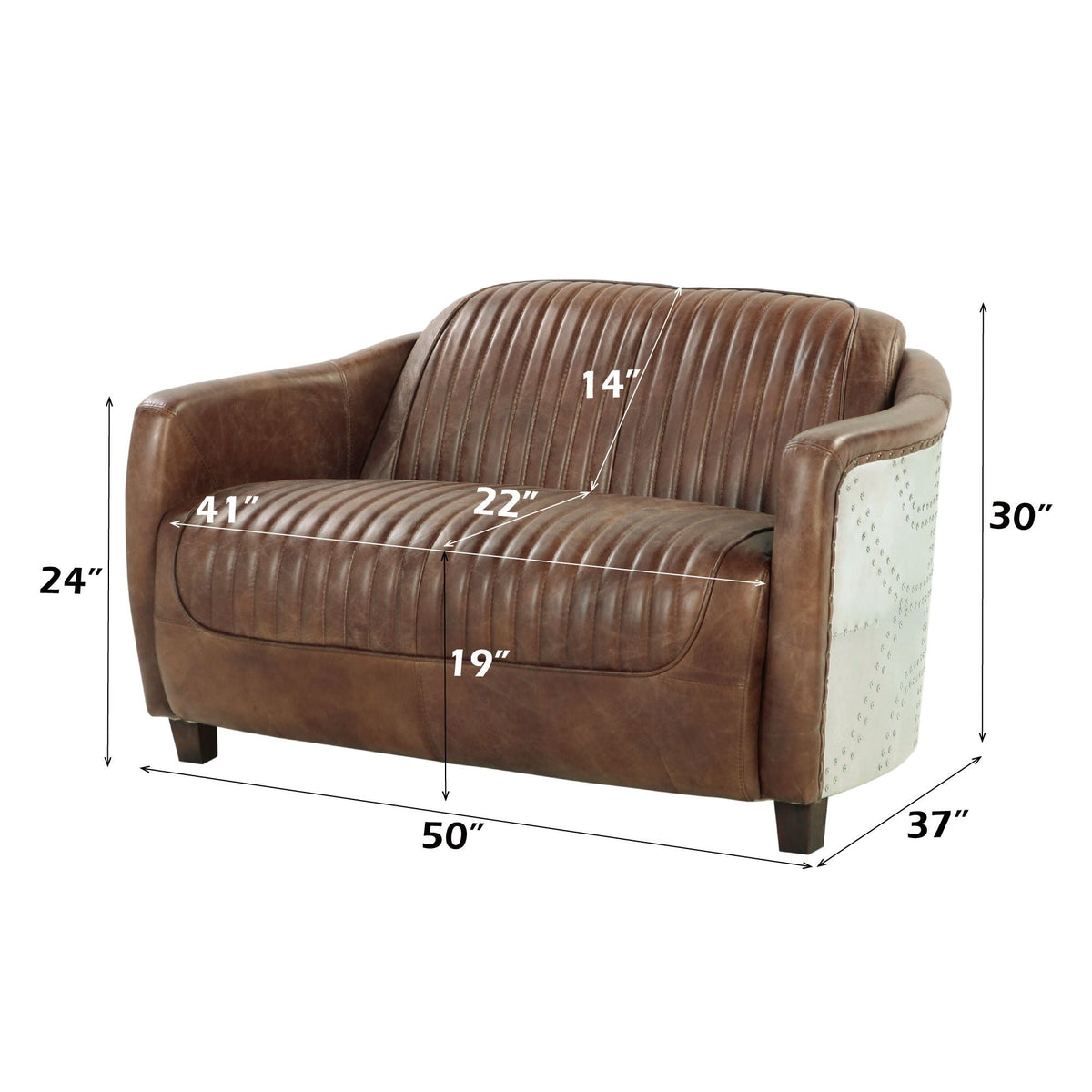 Grain leather loveseat with vintage aluminum frame in brown stationary by HouseOfZazla, 50x37in on Tampa Home & Garden Store