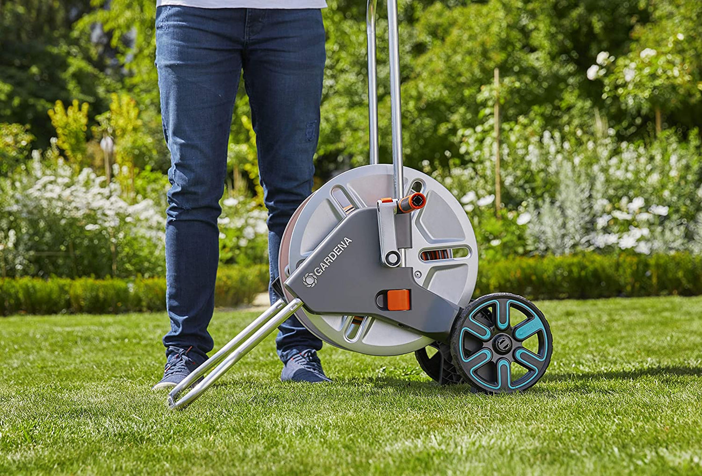 Gardena metal hose cart with easy hose guide and 82 ft ½ in hose on wheeled reel on Tampa Home & Garden Store
