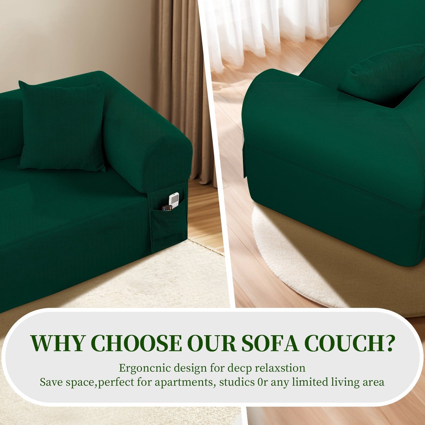 Spring sofa in green high-quality fabric by HouseOfZazla with a built-in side pocket on Tampa Home & Garden Store