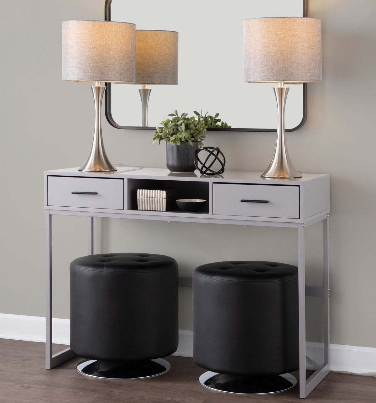 Lenuxe contemporary semi gloss table lamp set 2 with metal bases and beige shades on Tampa Home & Garden Store