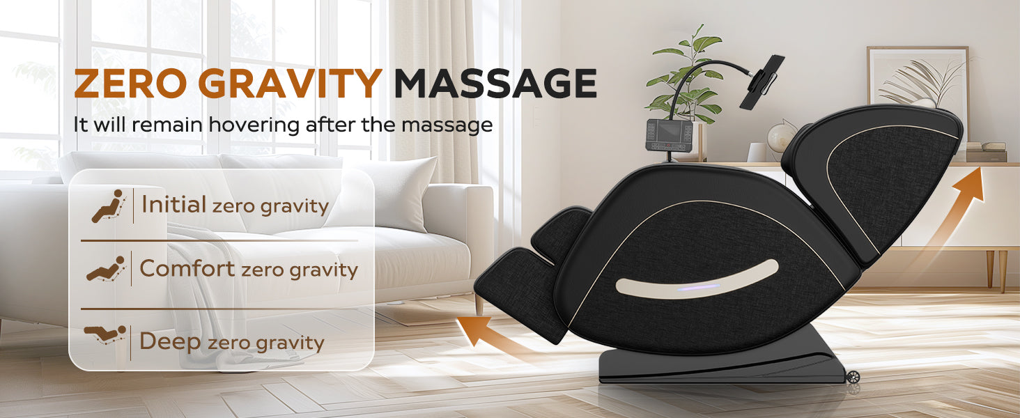 HouseOfZazla massage chair recliner in black with zero gravity and full body air pressure in living room on Tampa Home & Garden Store