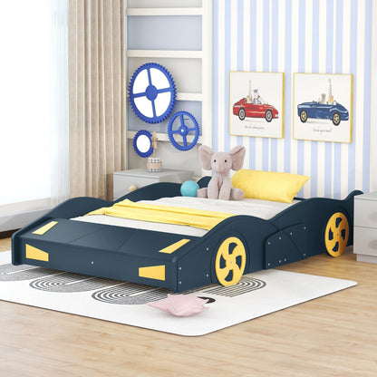 Race car shaped platform beds (pair) in navy with yellow wheels, HouseOfZazla on Tampa Home & Garden Store