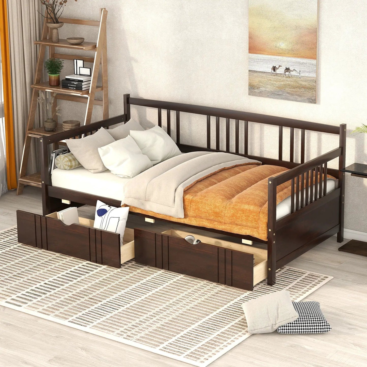 Multifunctional Modern Daybed in dark wood with built-in under-bed storage drawers on Tampa Home & Garden Store