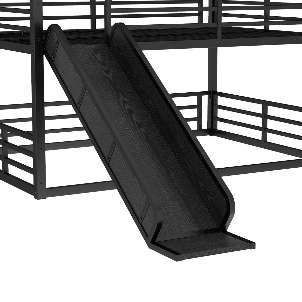 Full over full over full bunk bed with slide, black metal frame, wood-look slide and guard rails on Tampa Home & Garden Store