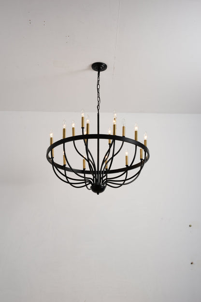 15-light industrial iron chandelier with black frame and gold candle bulbs for farmhouse decor on Tampa Home & Garden Store