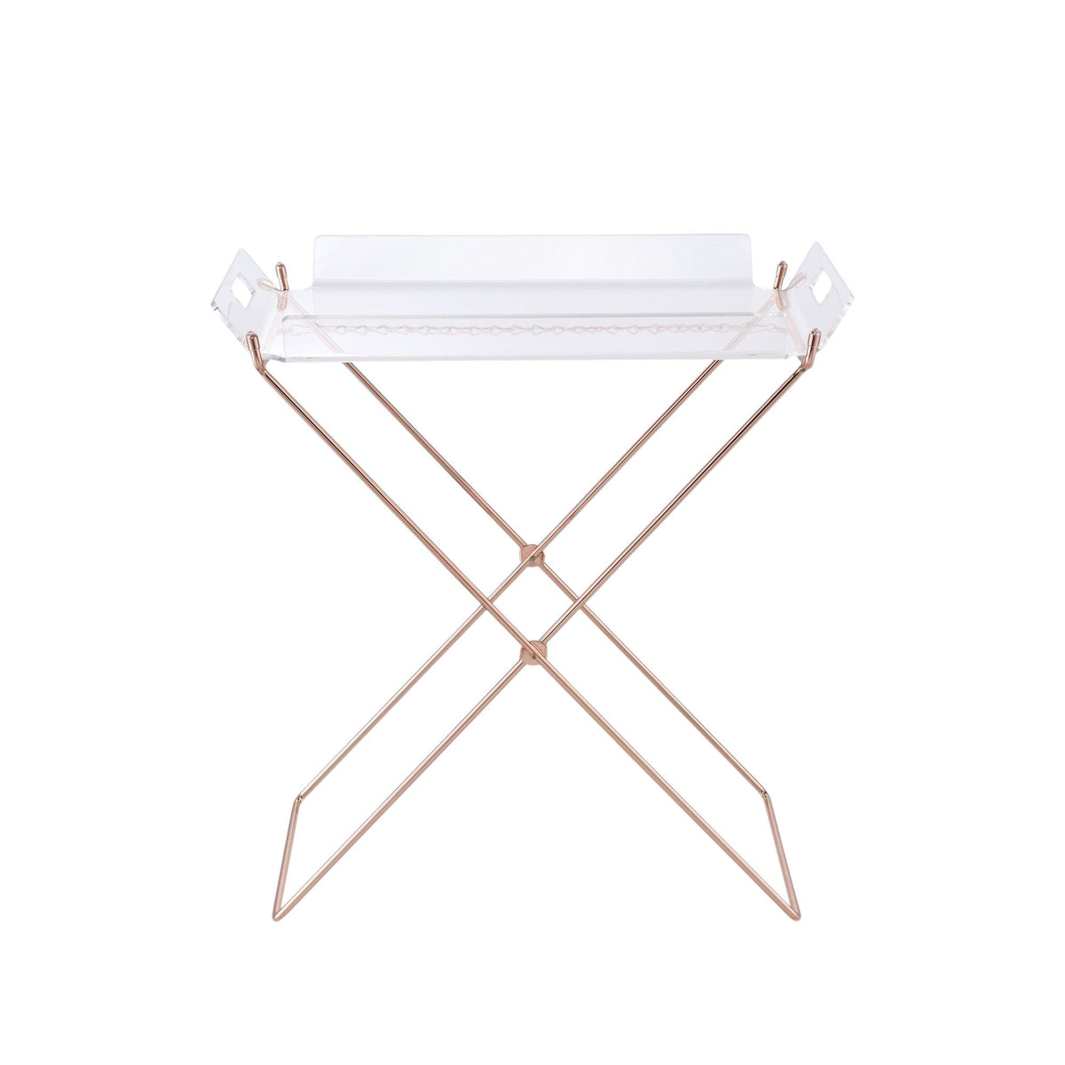 Clear acrylic tray table with removable top and rose-gold metal X-frame legs on Tampa Home & Garden Store