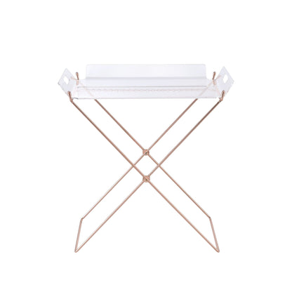 Clear acrylic tray table with removable top and rose-gold metal X-frame legs on Tampa Home & Garden Store
