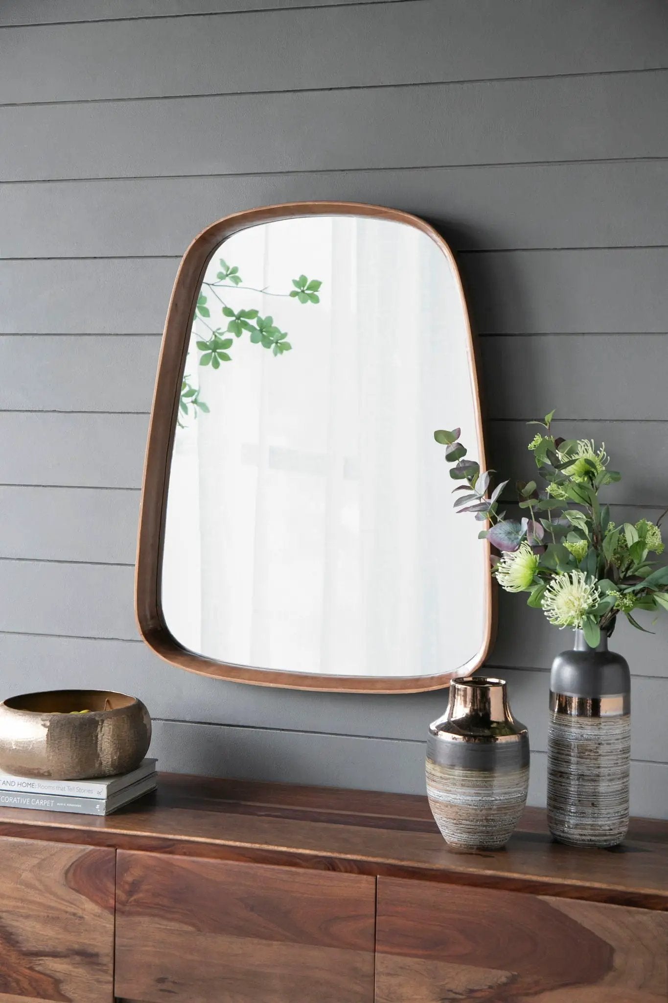 Irregular Wood Frame Mirror for Living Room Brown