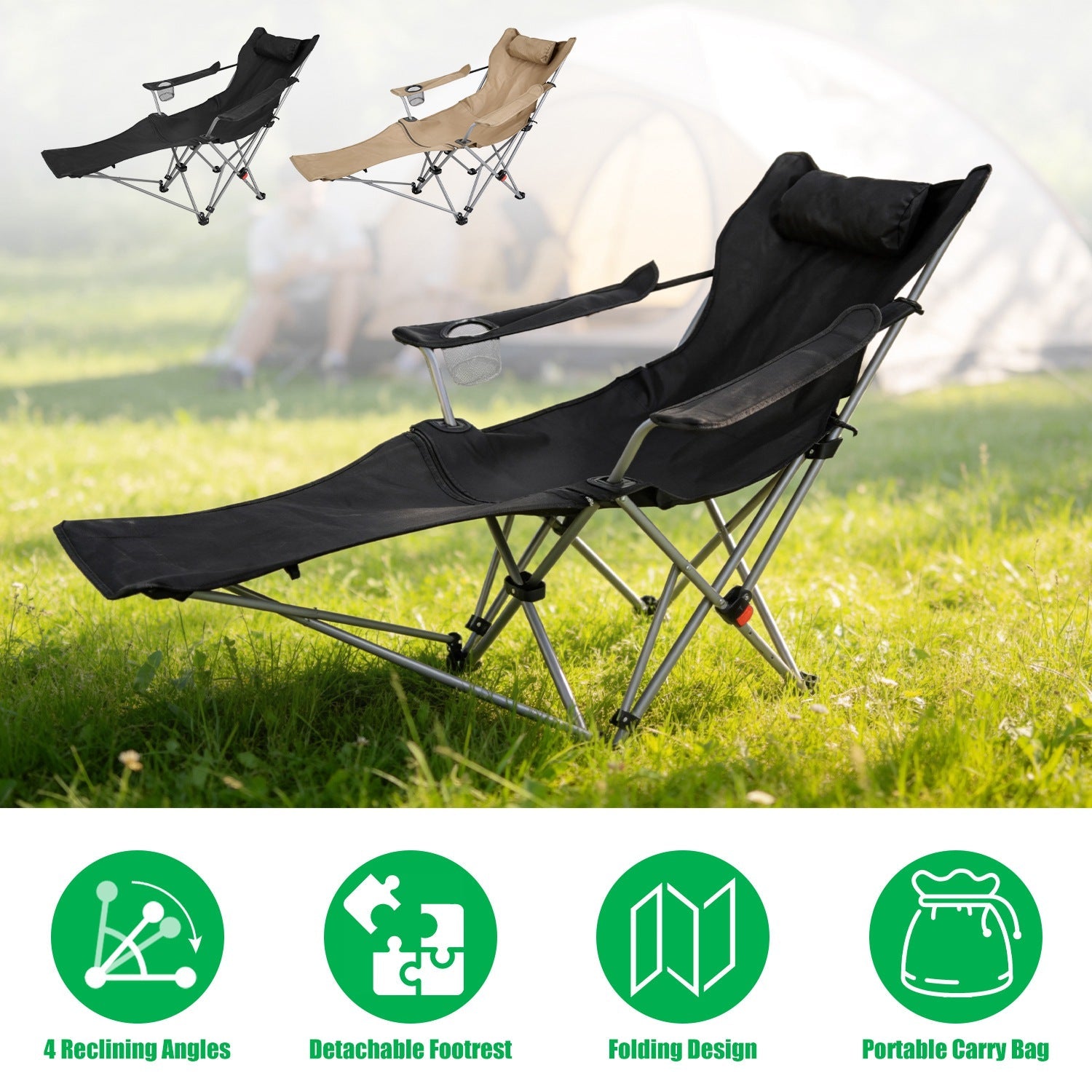 Reclining camping chair GemGear with headrest and cup holder, foldable with detachable footrest on Tampa Home & Garden Store